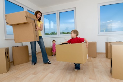 Packed office furniture and boxes prepared for a commercial move