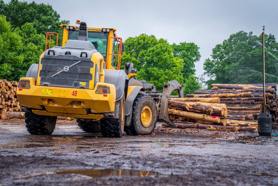 A large yellow front-end loader with black tires and red safety reflectors on its rear, positioned outdoors on a muddy surface, is seen lifting and transporting logs stacked to its right. The logs, varying in length and diameter, are piled on the ground and secured with red markings. The loader's bucket is partially visible, engaged in lifting the logs for transport, indicative of forestry or timber yard activities. In the background, there are lush green trees and a cloudy sky, suggesting overcast weather. To the right of the logs, a black portable speaker or equipment box is placed on the ground. The scene is surrounded by natural environment and appears to be part of a wood storage or processing area, relevant to logistics in home relocation or furniture transport, with nearby access for vehicles such as the loader. Man with Van Crook Log's services might include handling such equipment or managing logistics involving timber for residential or commercial moves.
